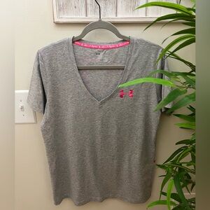 Under Armour Gray Fitted V-Neck, “Breast Cancer Awareness” T-Shirt, Size Large